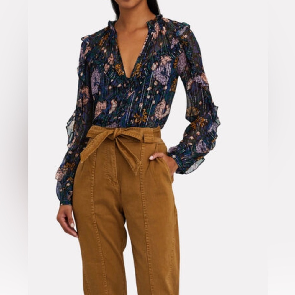 Veronica Beard Navy Floral Ruffled V-Neck Blouse